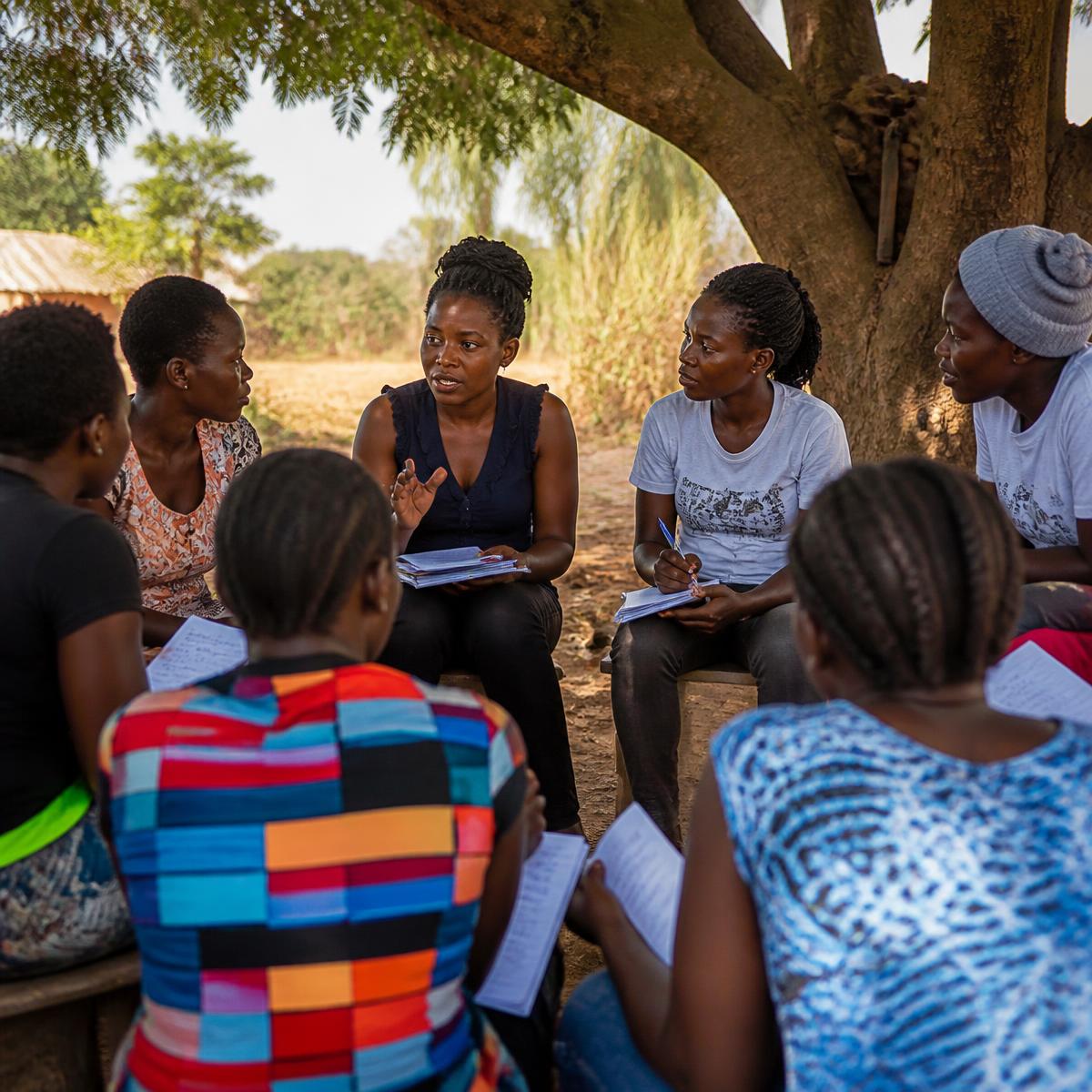 Young women and youth discussing a community development activity together