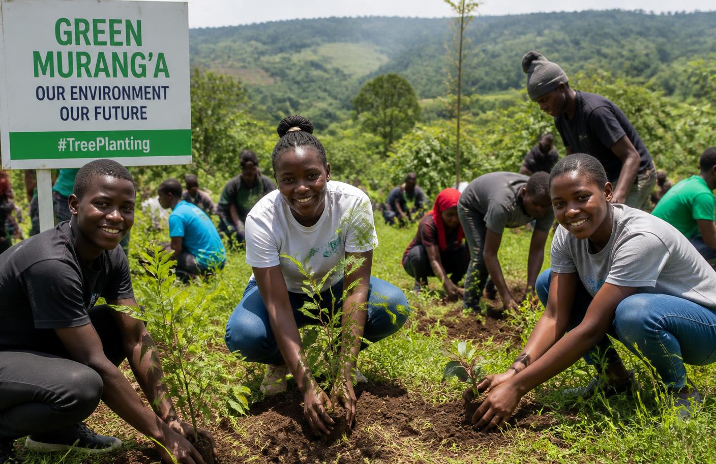 Young people planting tree seedlings during a community environmental initiative